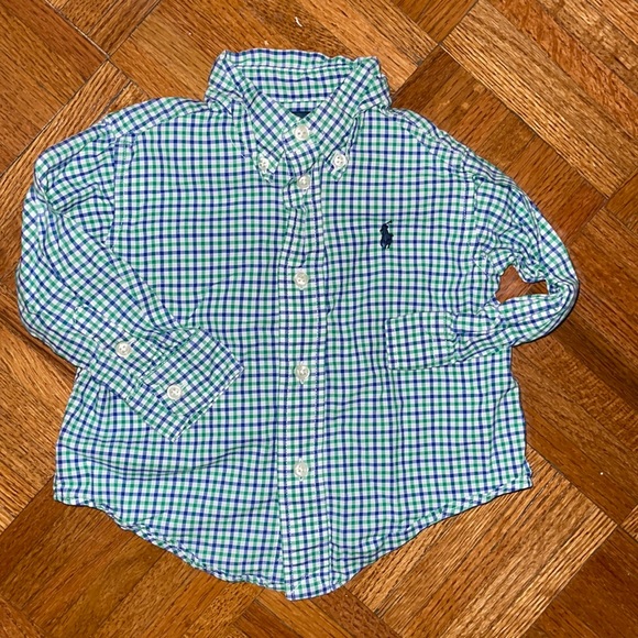 Ralph Lauren long sleeve button down plaid shirt green blue white 12 months - Picture 2 of 3